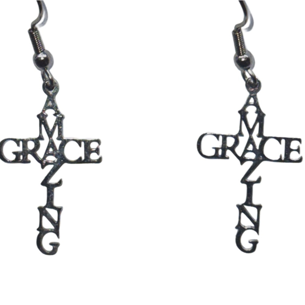 Silver Amazing Grace Cross Earrings, Stainless Steel - Picture 5 of 6